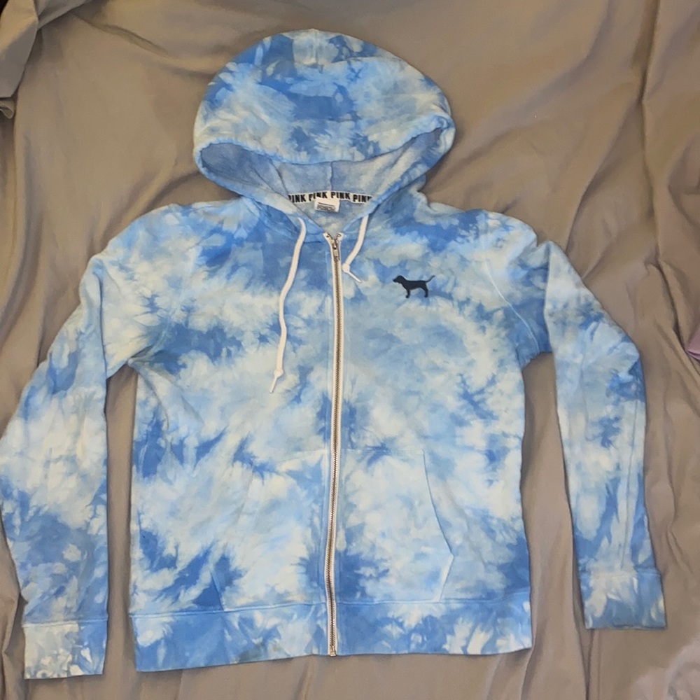 Blue Tie-dye Full Zip Logo Hoodie from PINK
